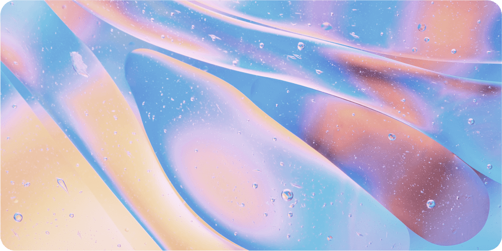 Абстрактное изображение с плавными волнистыми формами в пастельных тонах розового, голубого и оранжевого. Мелкие пузырьки, разлетающиеся по поверхности, создают безмятежную, сказочную атмосферу.