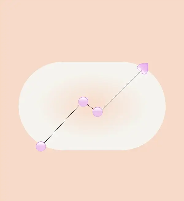 Простая иллюстрация восходящего линейного графика черного цвета с розовыми кругами и стрелкой на нежно-персиковом фоне, символизирующая рост и прогресс.