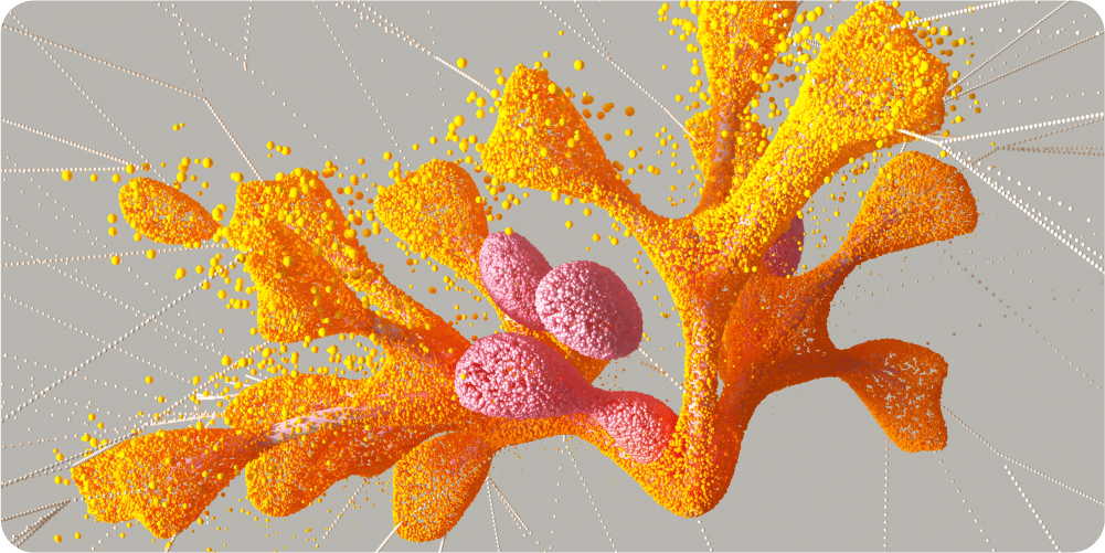 Абстрактное произведение искусства с яркими оранжевыми и розовыми кластерами, напоминающими формы органических кораллов на сером фоне, передает динамичное, энергичное настроение.