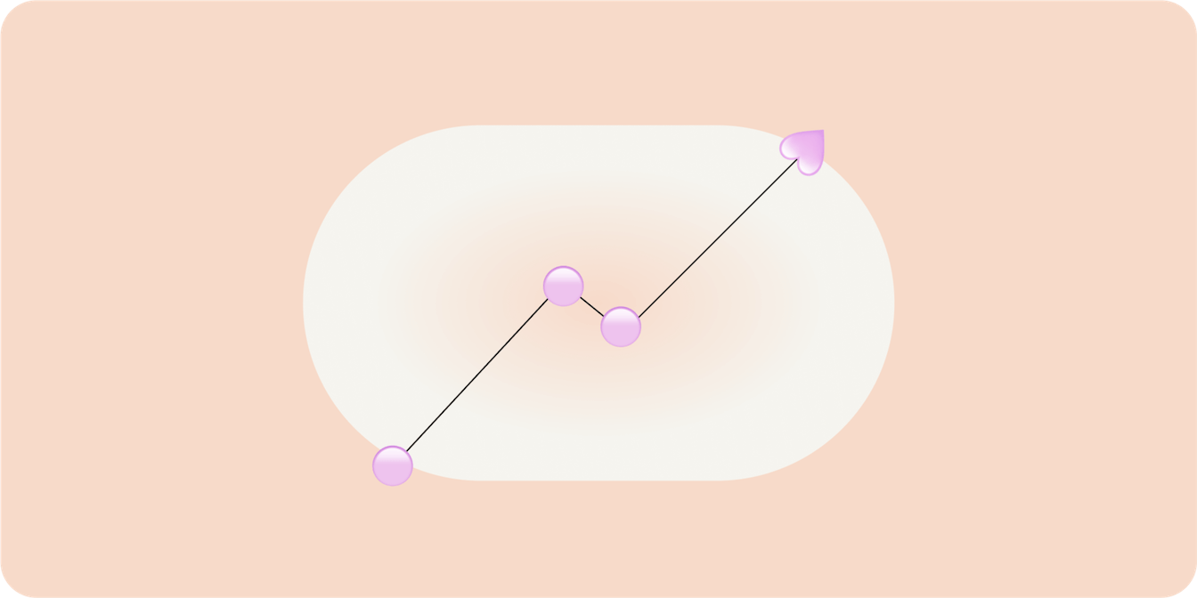 Простая иллюстрация восходящего линейного графика черного цвета с розовыми кругами и стрелкой на нежно-персиковом фоне, символизирующая рост и прогресс.